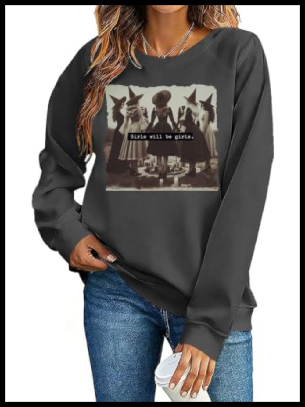 Witch Graphic Crew Neck Long Sleeve Sweatshirt Halloween Fall Pullover